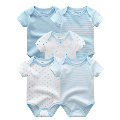 Arrangement of five assorted cotton short sleeve onesies for baby boys, plain and printed.