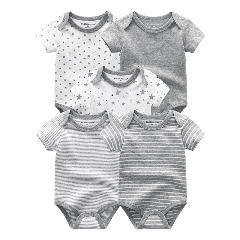 Soft cotton short sleeve onesie with snap closures, designed for comfortable baby boy wear.