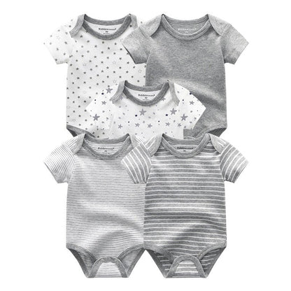 Soft cotton short sleeve onesie with snap closures, designed for comfortable baby boy wear.