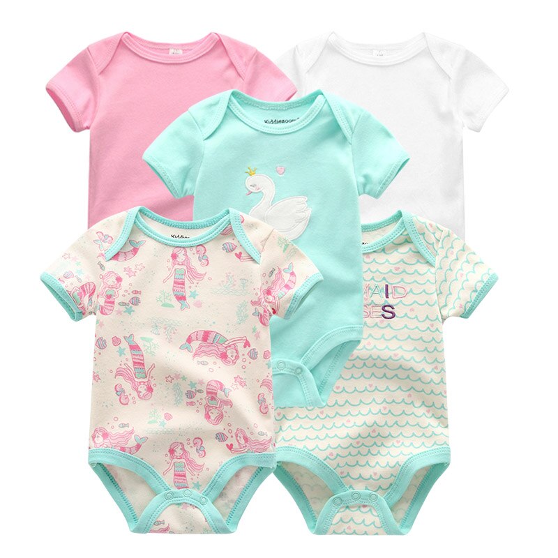 Five cotton short sleeve bodysuits for infant boys, displayed neatly together on a neutral background.
