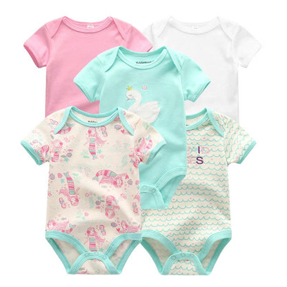Five cotton short sleeve bodysuits for infant boys, displayed neatly together on a neutral background.