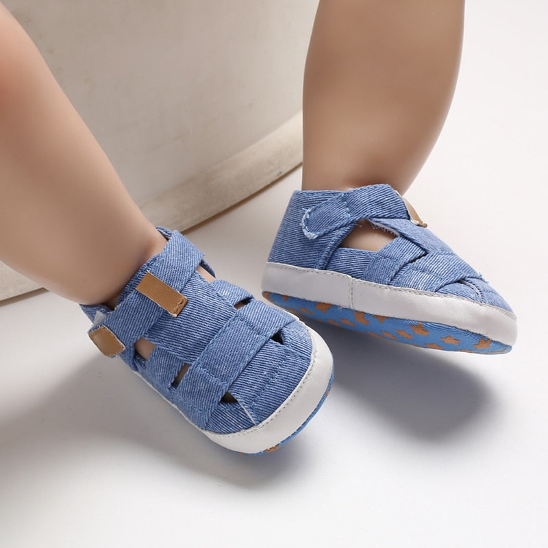 Baby boys' blue canvas soft sole first walker sandals with anti-slip grip for infants
