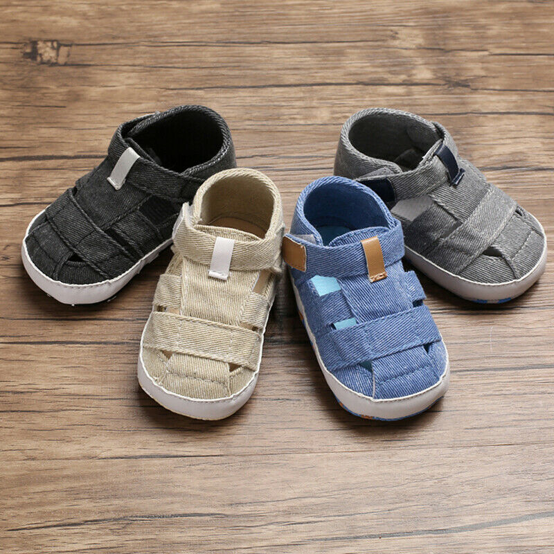 Close-up of comfortable baby boy canvas sandals, perfect first walker shoes for toddlers