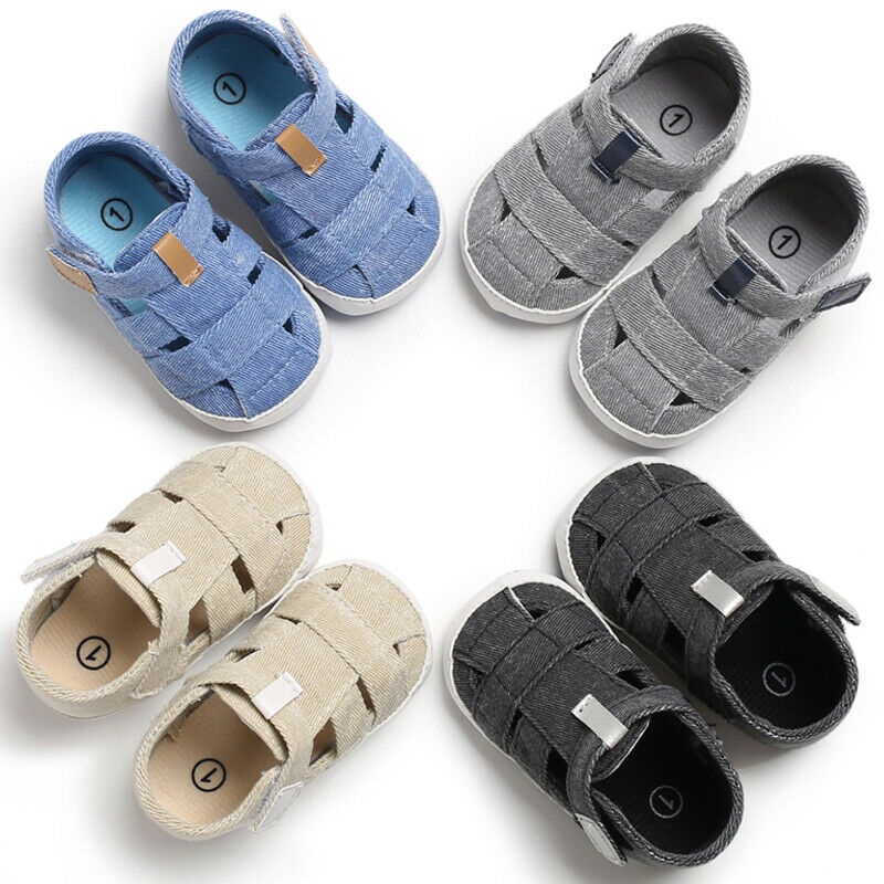 Soft sole baby boy canvas sandals in navy blue, ideal infant footwear for new walkers