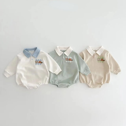 Baby boys' blue cotton cartoon romper with long sleeves, perfect for stylish infants.