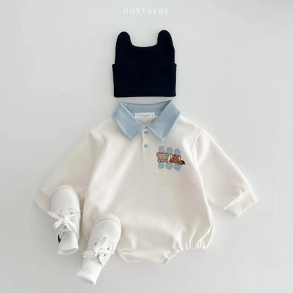 Cute long sleeve cotton romper for baby boys, featuring a fun cartoon character design.