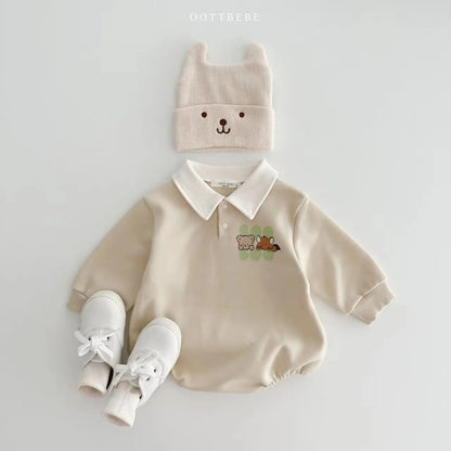 Toddler boys' long sleeve jumpsuit made of soft cotton, showcasing a playful cartoon pattern.