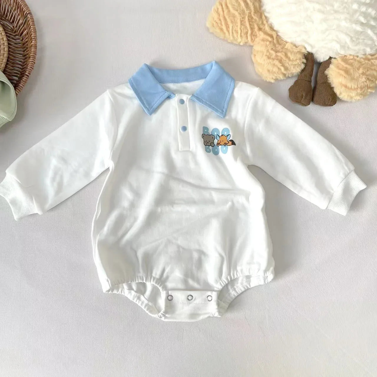 Adorable baby boy outfit: cotton cartoon romper, designed for comfort and cuteness.