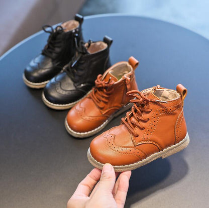 Baby boys' classic brogue soft sole leather first walker shoes in brown, featuring an anti-slip design for infants.