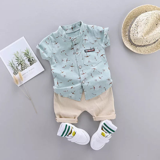 Baby boys' floral print cotton summer outfit set, short sleeve top & shorts, comfortable toddler wear