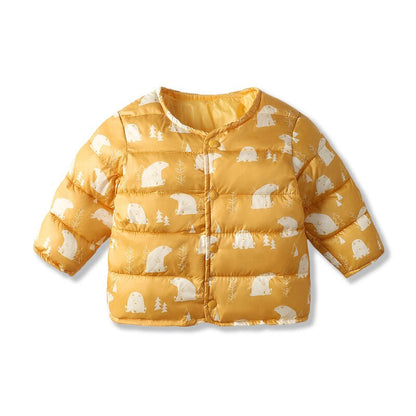 Side view of baby elephant winter parka jacket, highlighting insulation and comfortable fit for infants