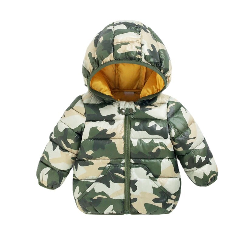 Close-up of elephant pattern on baby winter parka jacket, showing cute details and soft fabric