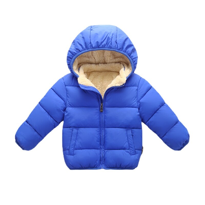 Baby model wearing blue elephant winter parka jacket, warm and cozy infant coat for cold weather