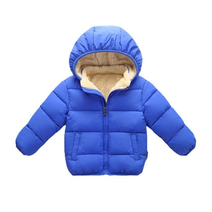 Baby model wearing blue elephant winter parka jacket, warm and cozy infant coat for cold weather