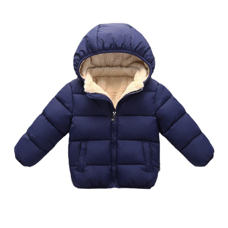 Rear view of baby elephant winter parka jacket, showcasing hood and full coverage for warmth