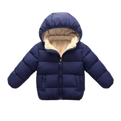 Rear view of baby elephant winter parka jacket, showcasing hood and full coverage for warmth