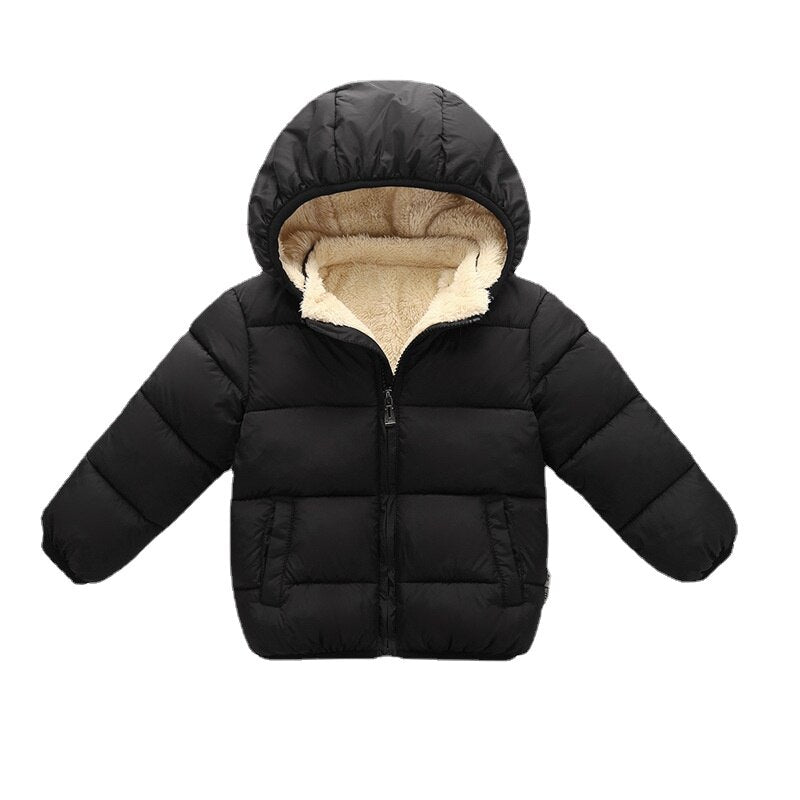 Elephant print baby winter parka jacket in a gender-neutral color, perfect for infant boys or girls