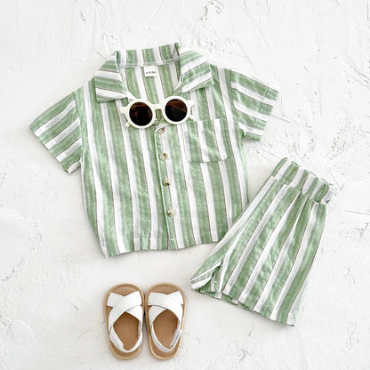 Baby boys girls green stripe lapel shirt and shorts summer outfit set on hanger