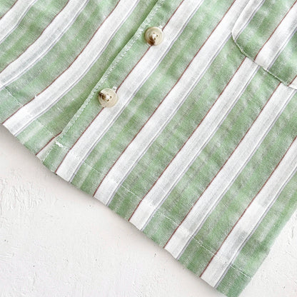 Back view of the baby's green stripe shorts and lapel shirt for clarity