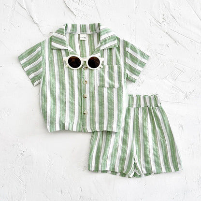Baby's green stripe shorts with elastic waistband and folded hem for summer