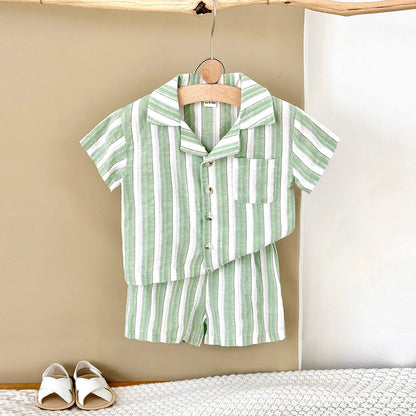 Full view of unisex baby green stripe shirt & shorts set, ideal for warm weather