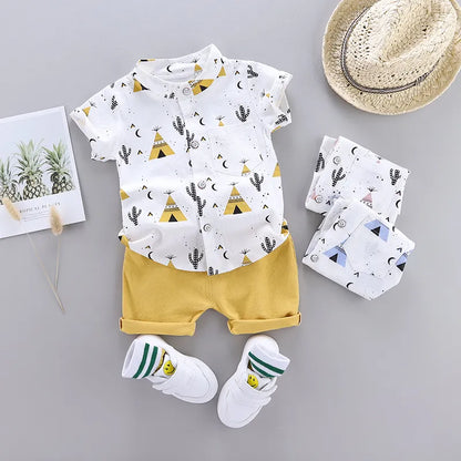 Baby boys girls pyramid print short sleeve tee and shorts, soft cotton poplin set