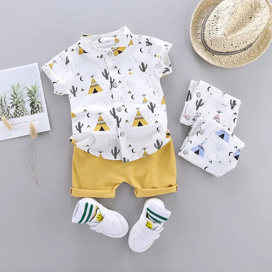 Baby boys girls pyramid print short sleeve tee and shorts, soft cotton poplin set