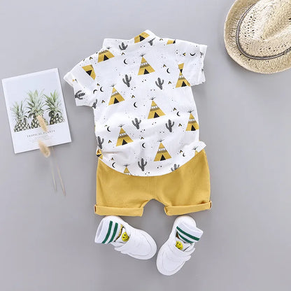 Unisex baby pyramid print short sleeve top and bottom set, comfortable infant fashion