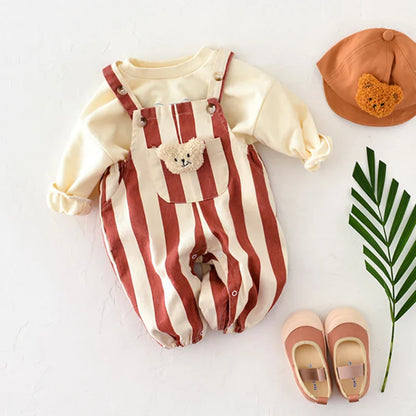 Unisex baby striped romper with long sleeves, soft cotton infant clothing for spring