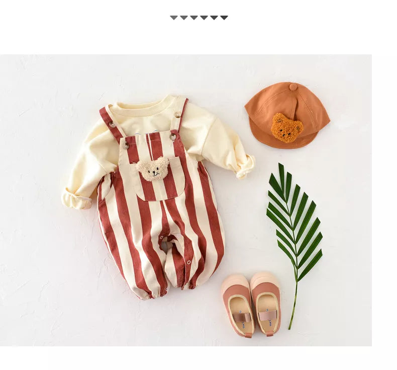 Baby boys girls striped romper with crew neck, ideal unisex baby clothes for spring