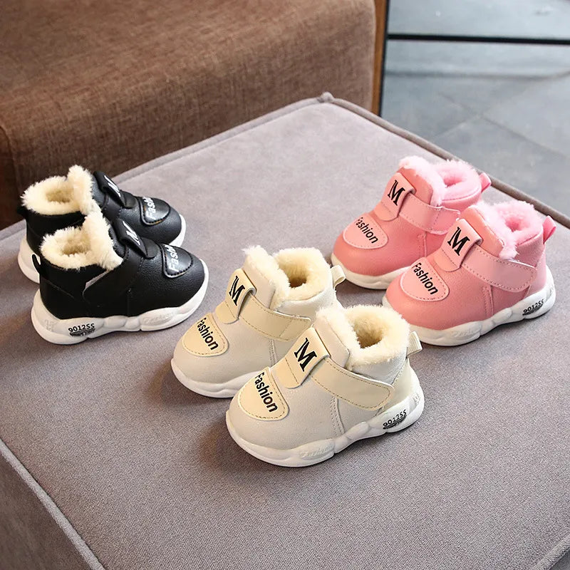 Baby boys girls winter warm first walker sneakers, soft sole with hook and loop closure