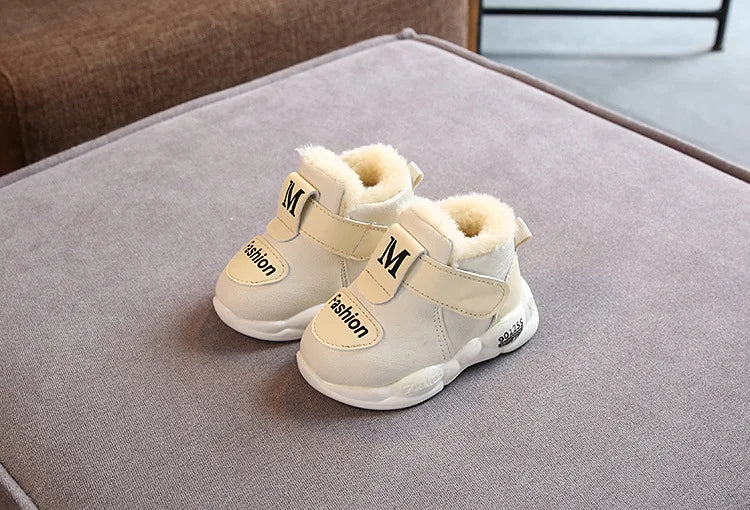 Baby boy warm winter sneakers, first walker boots, secure hook and loop infant shoes
