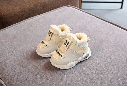 Baby boy warm winter sneakers, first walker boots, secure hook and loop infant shoes