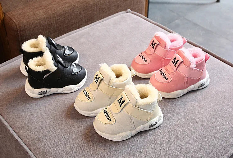 Cozy baby girl first walker sneakers, warm for winter, easy hook and loop