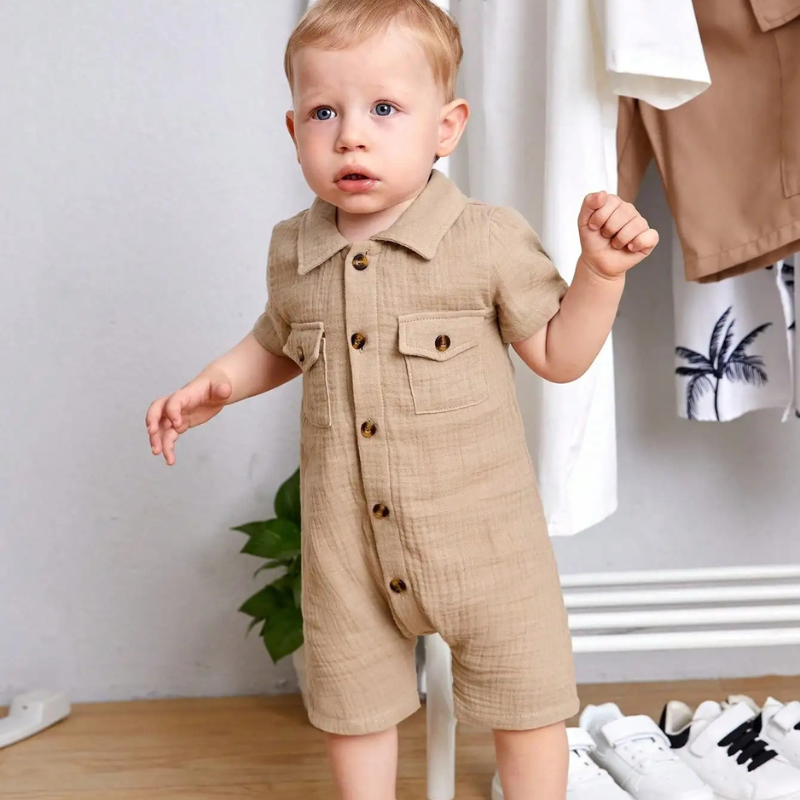 Baby boys' khaki breathable polyester romper, perfect summer infant outfit with short sleeves and legs.