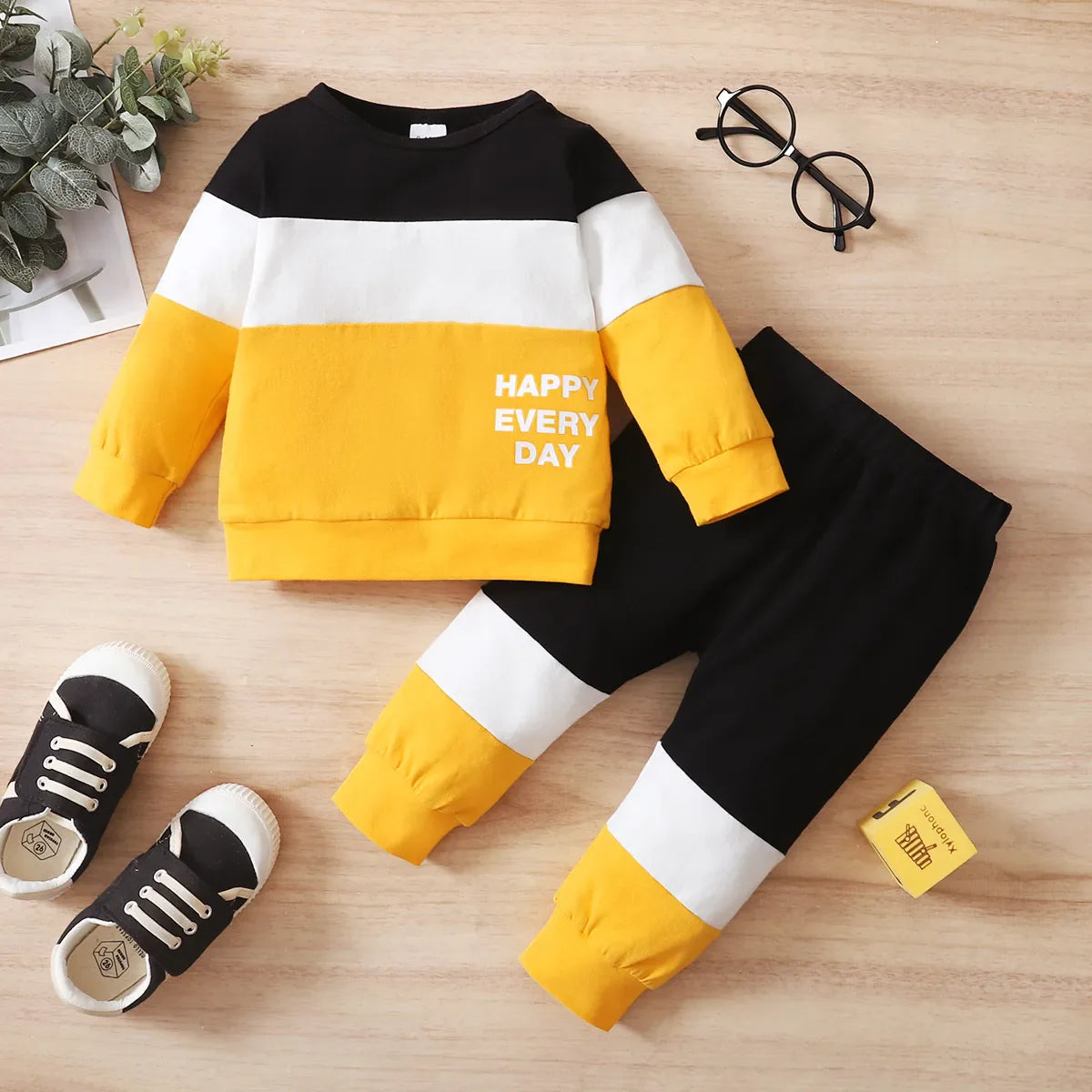 Baby boy's spring/autumn sportswear, breathable cotton blend print top and solid long pants