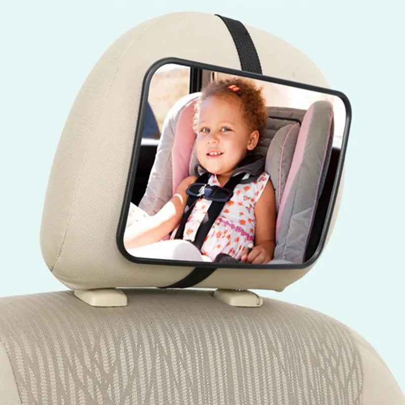 Baby car mirror for rear-facing infant seats, black frame, wide view, crash-tested safety