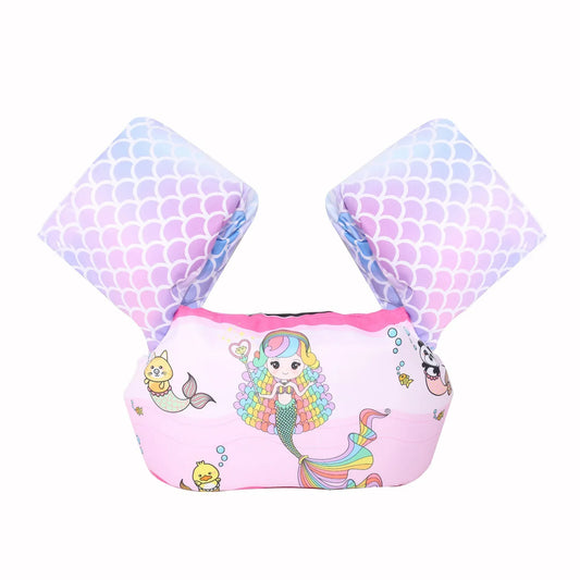 Baby cartoon arm sleeve life jacket float for toddler swimming safety in pool or beach water.