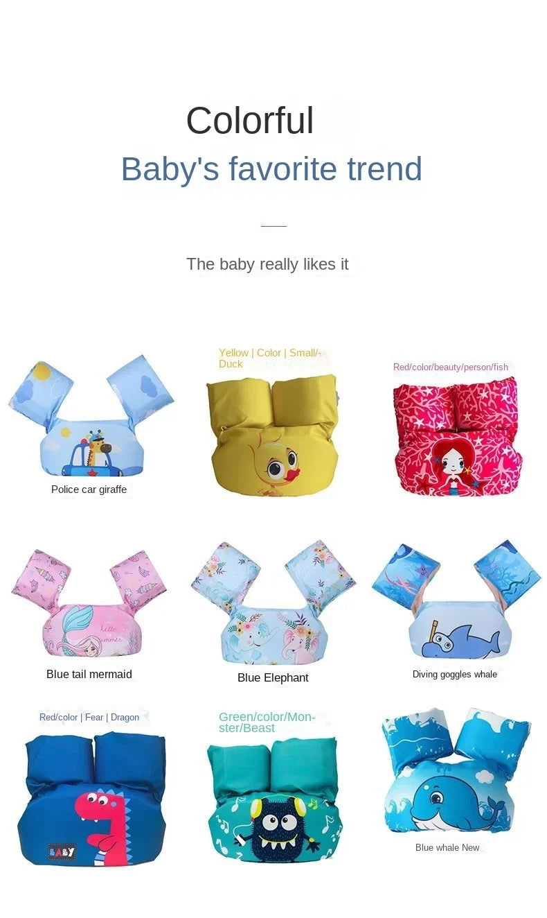 Baby pool accessory: a charming cartoon arm sleeve life jacket float for infant swim training.