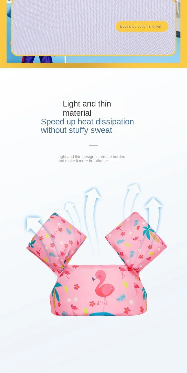 Infant swim float that combines arm sleeves and a life jacket, featuring a fun cartoon theme.