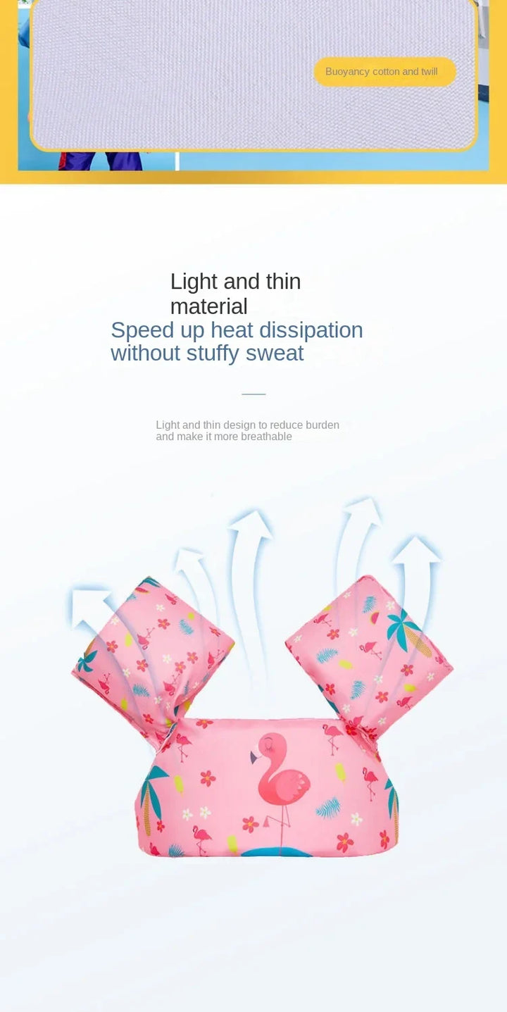 Infant swim float that combines arm sleeves and a life jacket, featuring a fun cartoon theme.