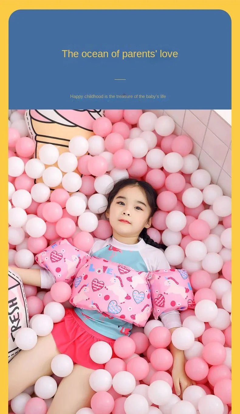 Beach gear for kids: a cartoon arm sleeve life jacket float, promoting water safety and enjoyment.