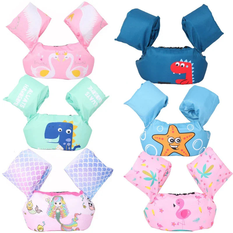 Toddler swim float with arm sleeves and cartoon design, a fun and safe baby pool accessory.