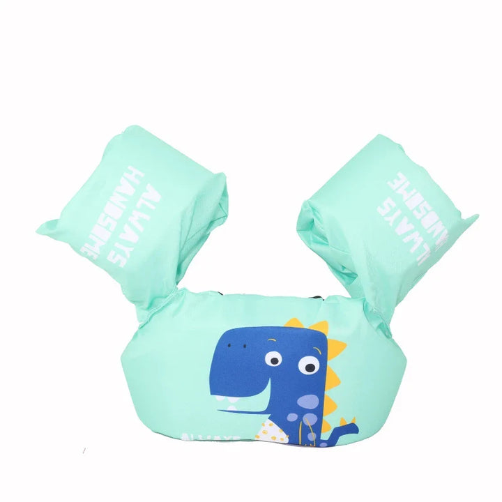 Baby safety life jacket float with integrated arm sleeves, featuring an adorable cartoon design.