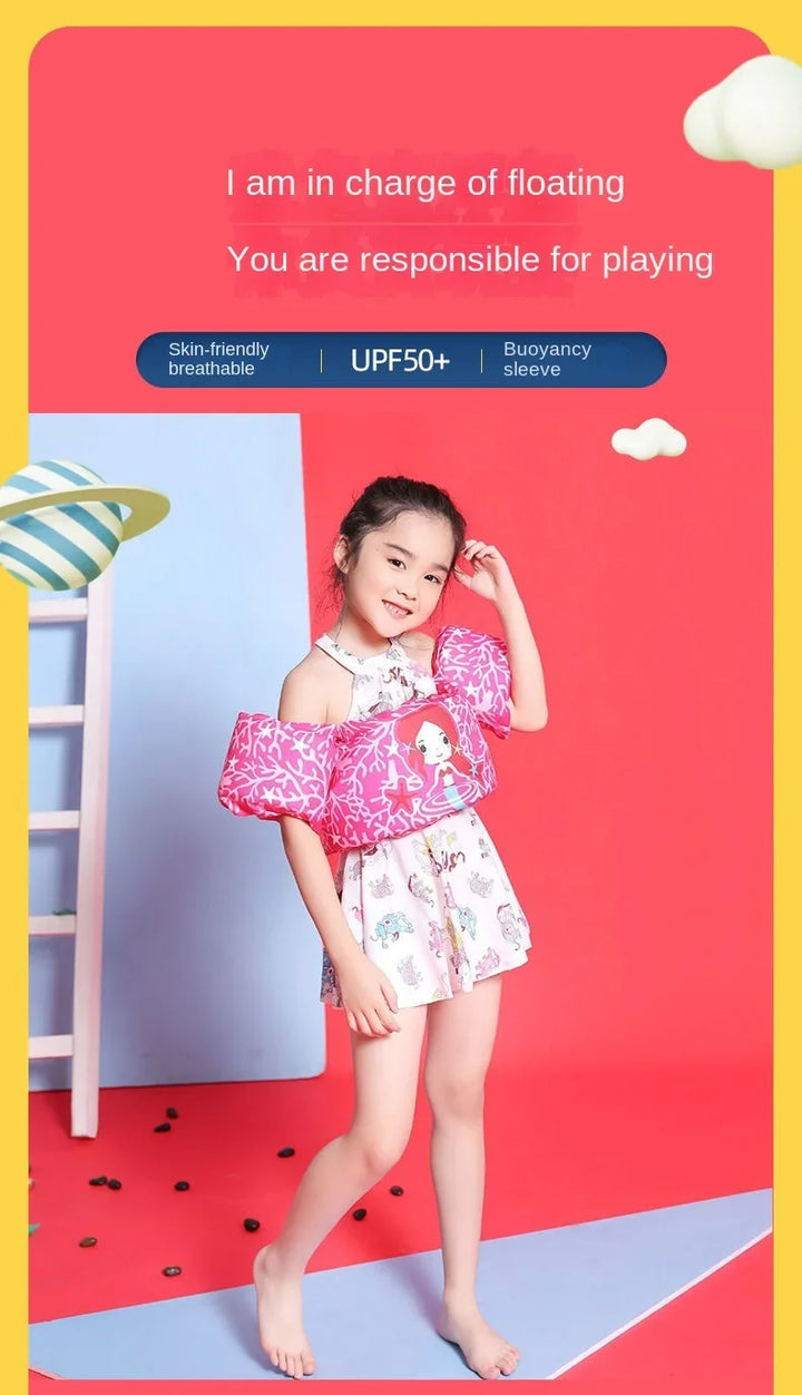 Water safety essential: baby cartoon arm sleeve life jacket float for secure toddler swimming.