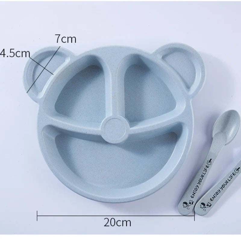 Assorted BPA-free cartoon bear dinnerware set. Eco-friendly wheat straw, kids feeding, independent toddler eating.