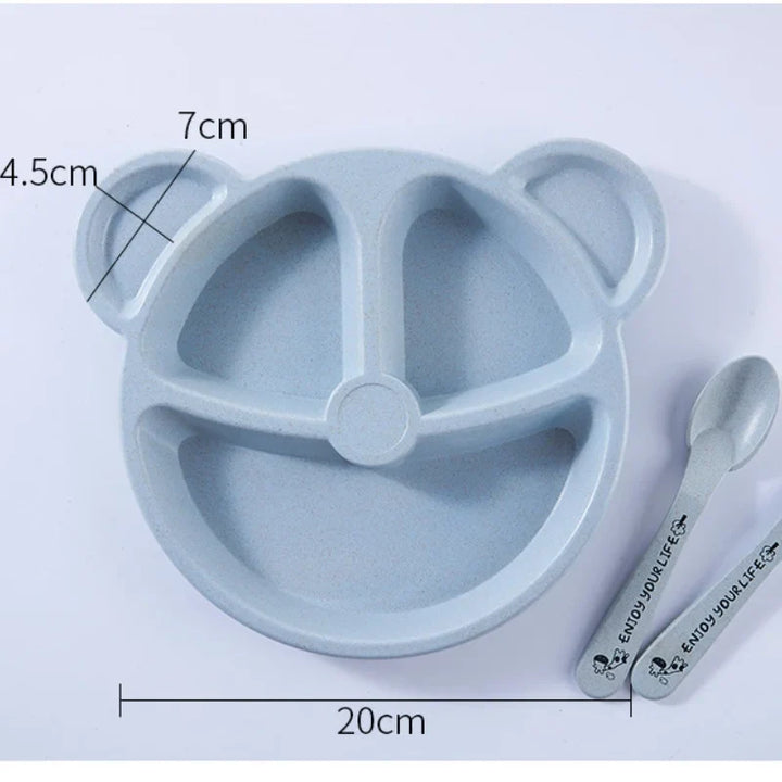 Assorted BPA-free cartoon bear dinnerware set. Eco-friendly wheat straw, kids feeding, independent toddler eating.