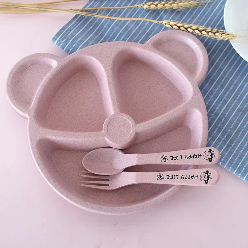 Adorable baby cartoon bear bowl set & utensils for kids. BPA-free toddler feeding, independent eating.