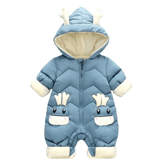 Baby cartoon elk hooded waterproof parka jumpsuit, front view, cozy winter romper for infants