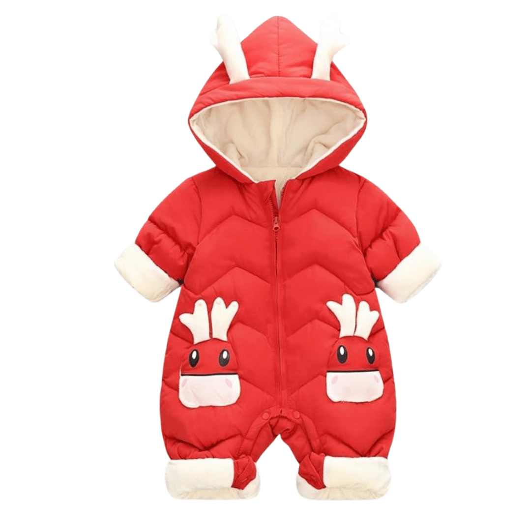 Toddler in a baby snowsuit, cartoon elk hooded waterproof jumpsuit, full-body outdoor wear